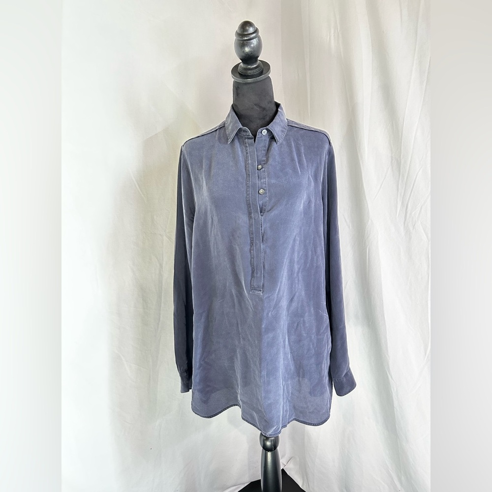 Dusty Blue Navy 100% silk Tunic Top Large Banana Republic Button up Long sleeve